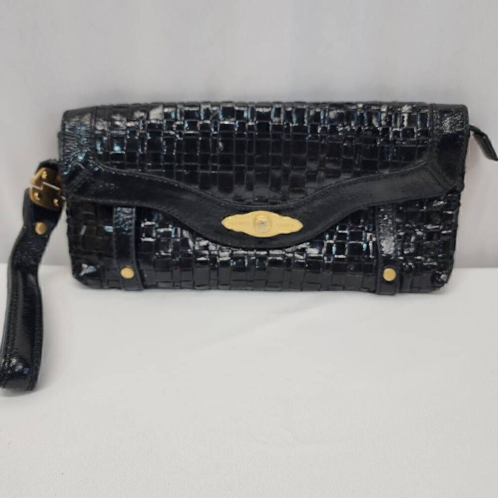 Elliott Lucca Black Woven Leather Clutch With Wrist Strap Women's Bag